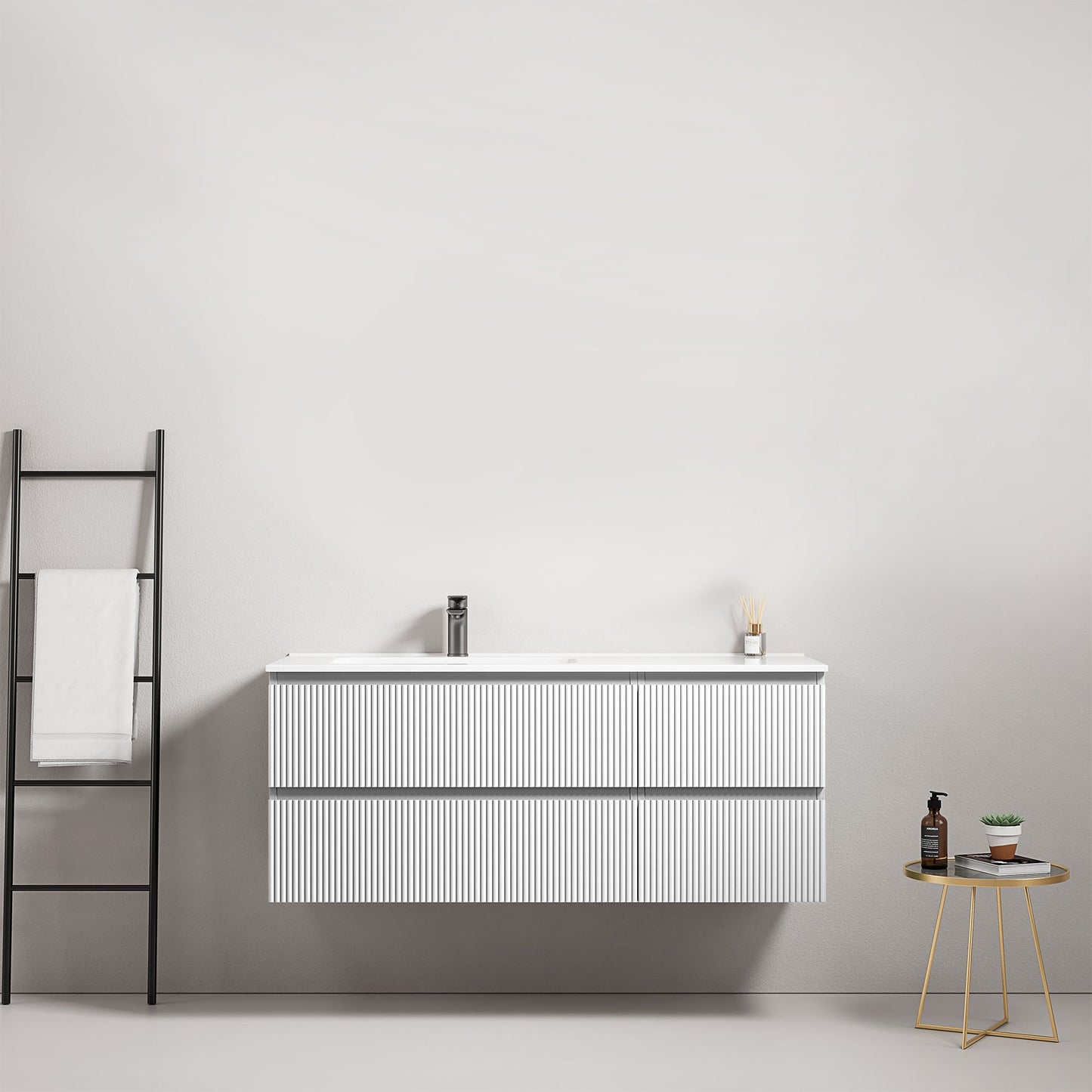 Mobile bagno sospeso cannettato 120 cm Bianco Lavabo a Sinistra in Ceramica Senza Specchio - Fiji Paint