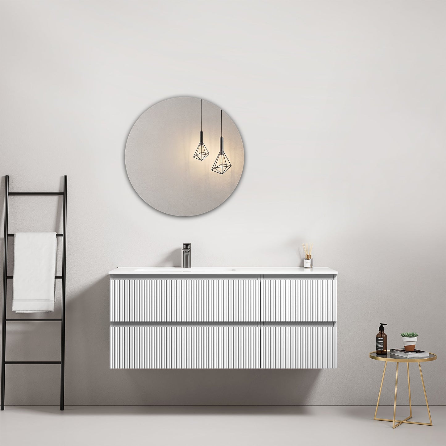 Mobile bagno sospeso cannettato 120 cm Bianco Lavabo a Sinistra in Ceramica Specchio Tondo - Fiji Paint.