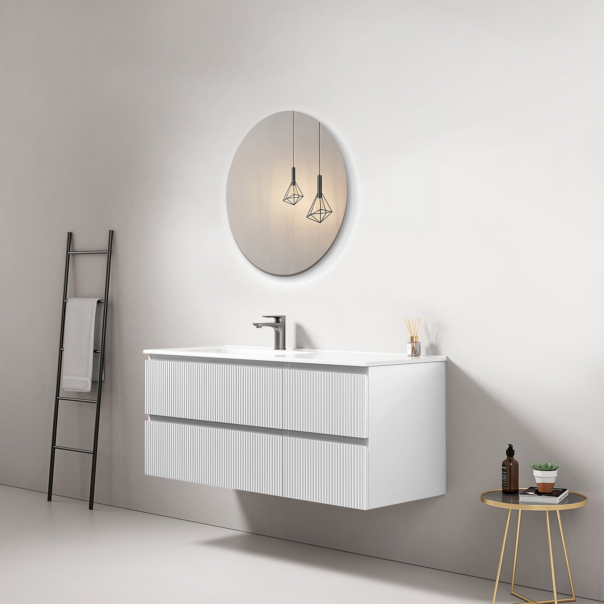 Mobile bagno sospeso cannettato 120 cm Bianco Lavabo a Sinistra in Ceramica Specchio Tondo - Fiji Paint
