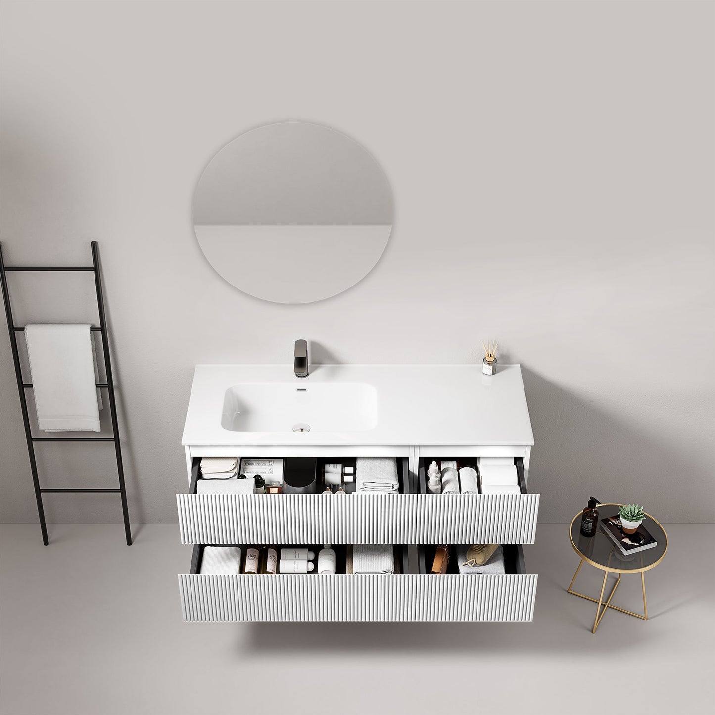 Mobile bagno sospeso cannettato 120 cm Bianco Lavabo a Sinistra in Ceramica Specchio Tondo - Fiji Paint con spazio per asciugamani.