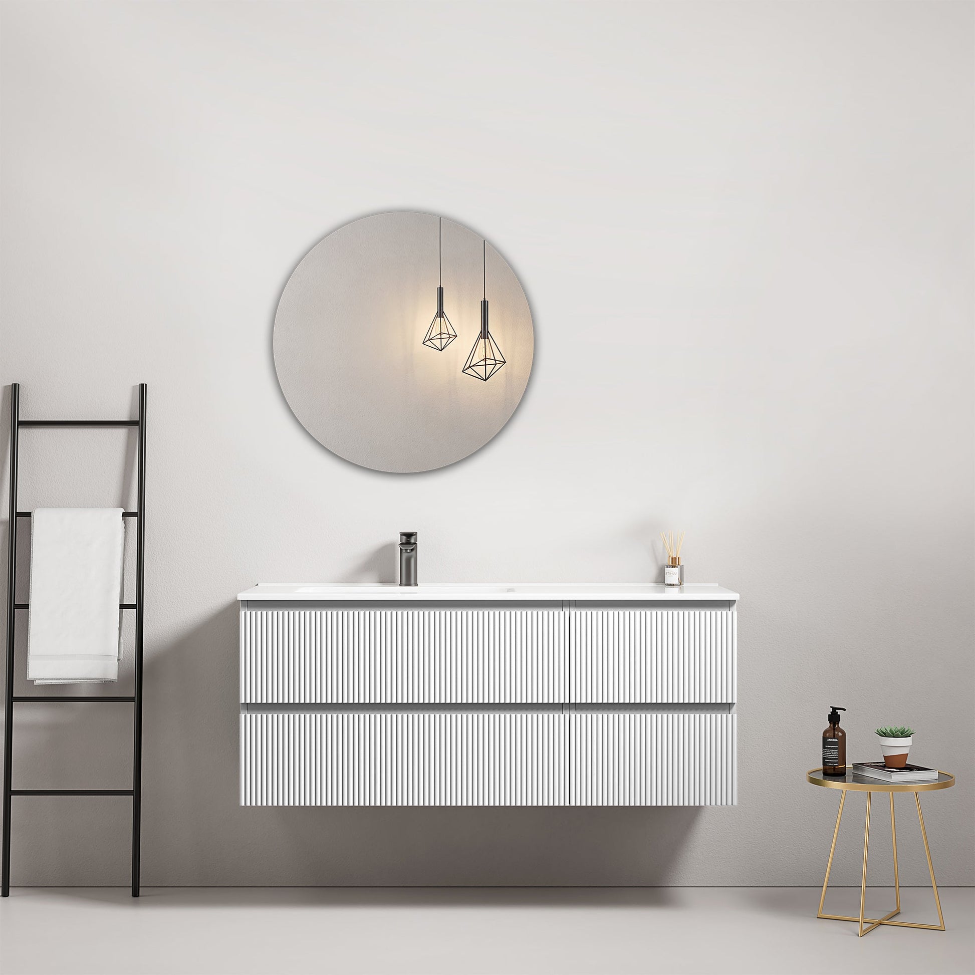 Mobile bagno sospeso cannettato 120 cm Bianco Lavabo a Sinistra in Ceramica Specchio Tondo - Fiji Paint