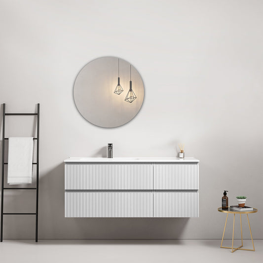 Mobile bagno sospeso cannettato 120 cm Bianco Lavabo a Sinistra in Ceramica Specchio Tondo - Fiji Paint