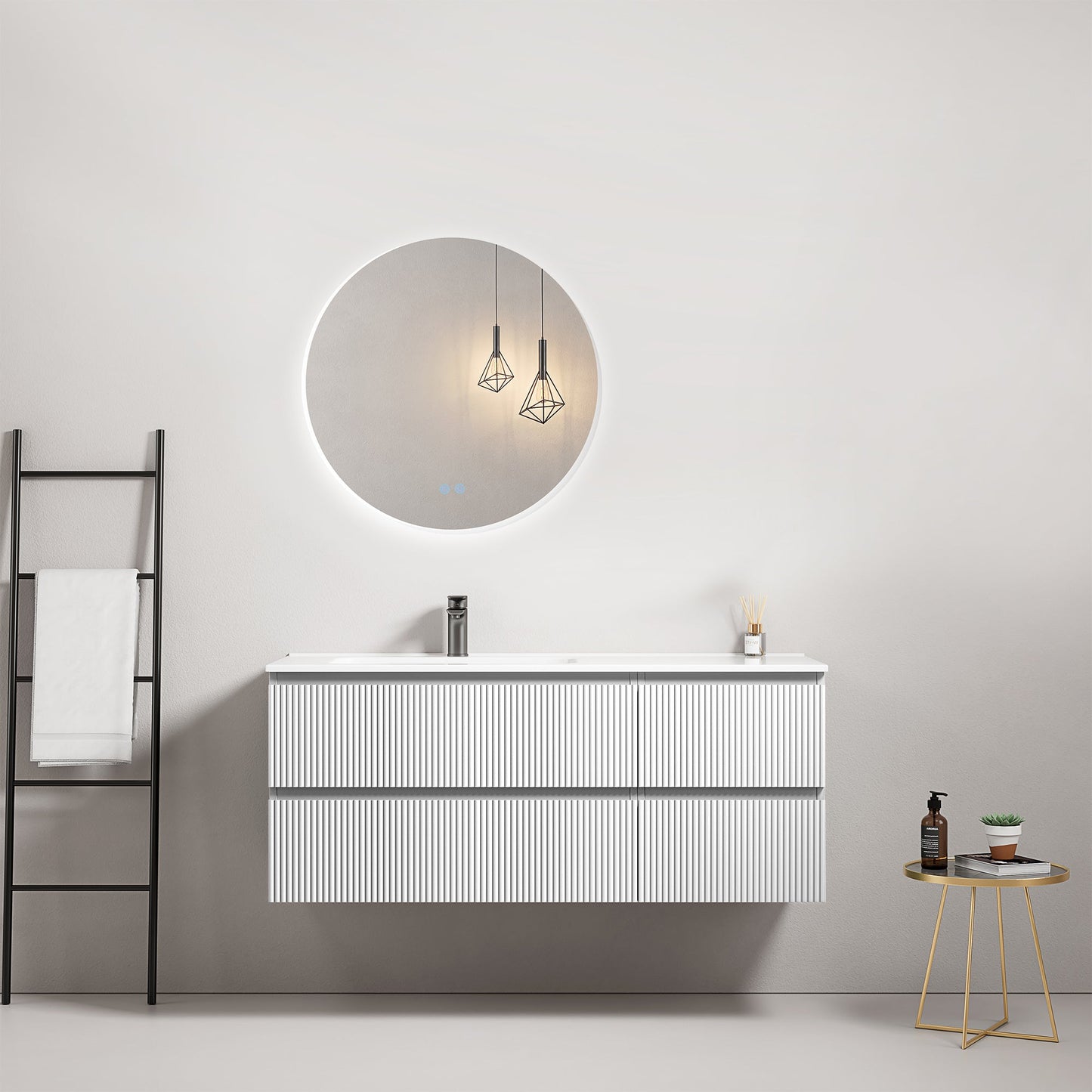 Mobile bagno sospeso cannettato 120 cm Bianco Lavabo a Sinistra in Ceramica Specchio Tondo Retroilluminato - Fiji Paint