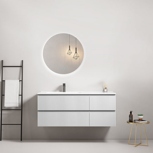 Mobile bagno sospeso cannettato 120 cm Bianco Lavabo a Sinistra in Ceramica Specchio Tondo Retroilluminato - Fiji Paint