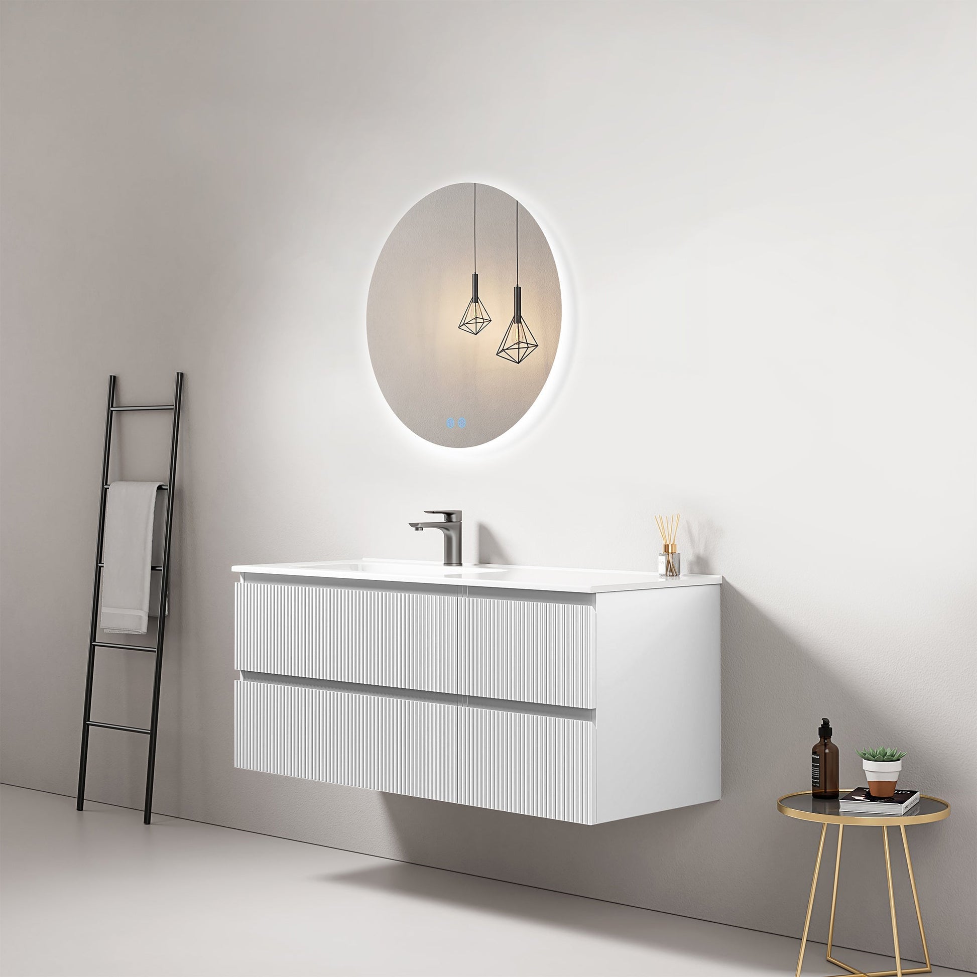 Mobile bagno sospeso cannettato 120 cm Bianco Lavabo a Sinistra in Ceramica Specchio Tondo Retroilluminato - Fiji Paint