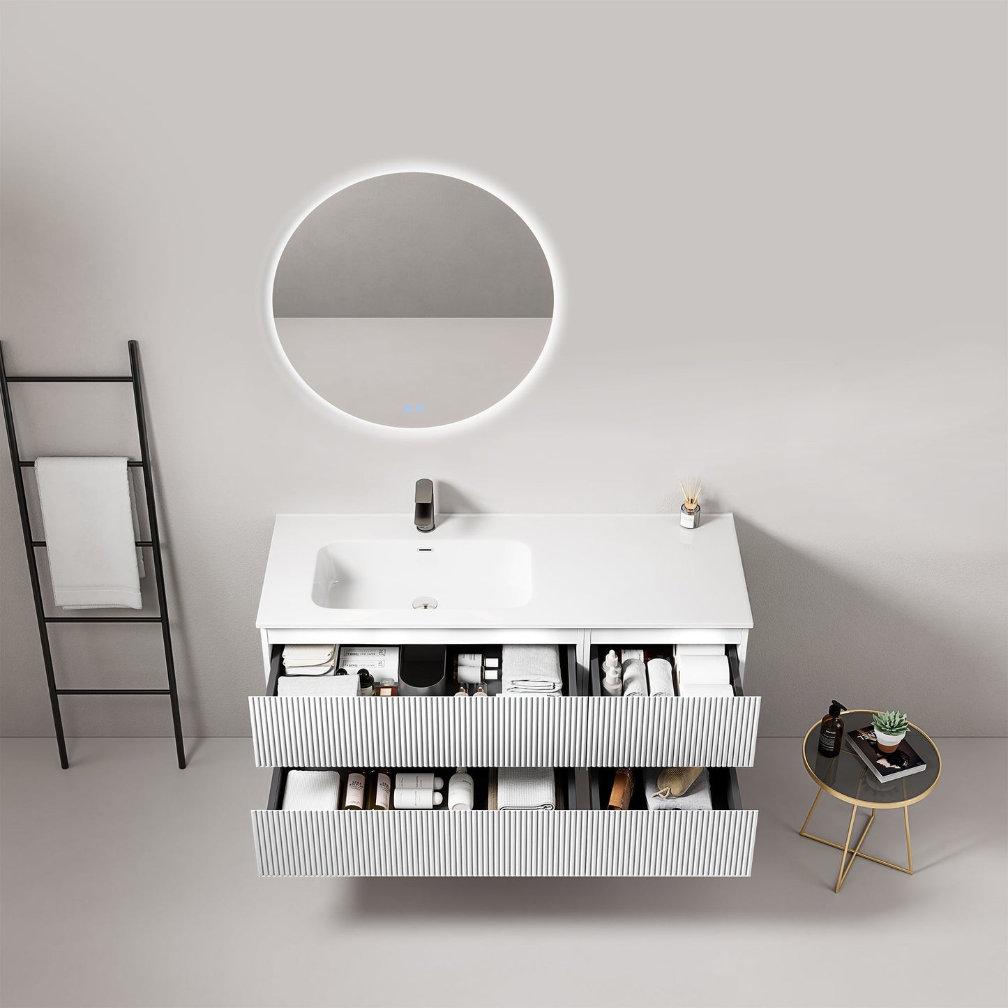 Mobile bagno sospeso cannettato 120 cm Bianco Lavabo a Sinistra in Ceramica Specchio Tondo Retroilluminato - Fiji Paint.