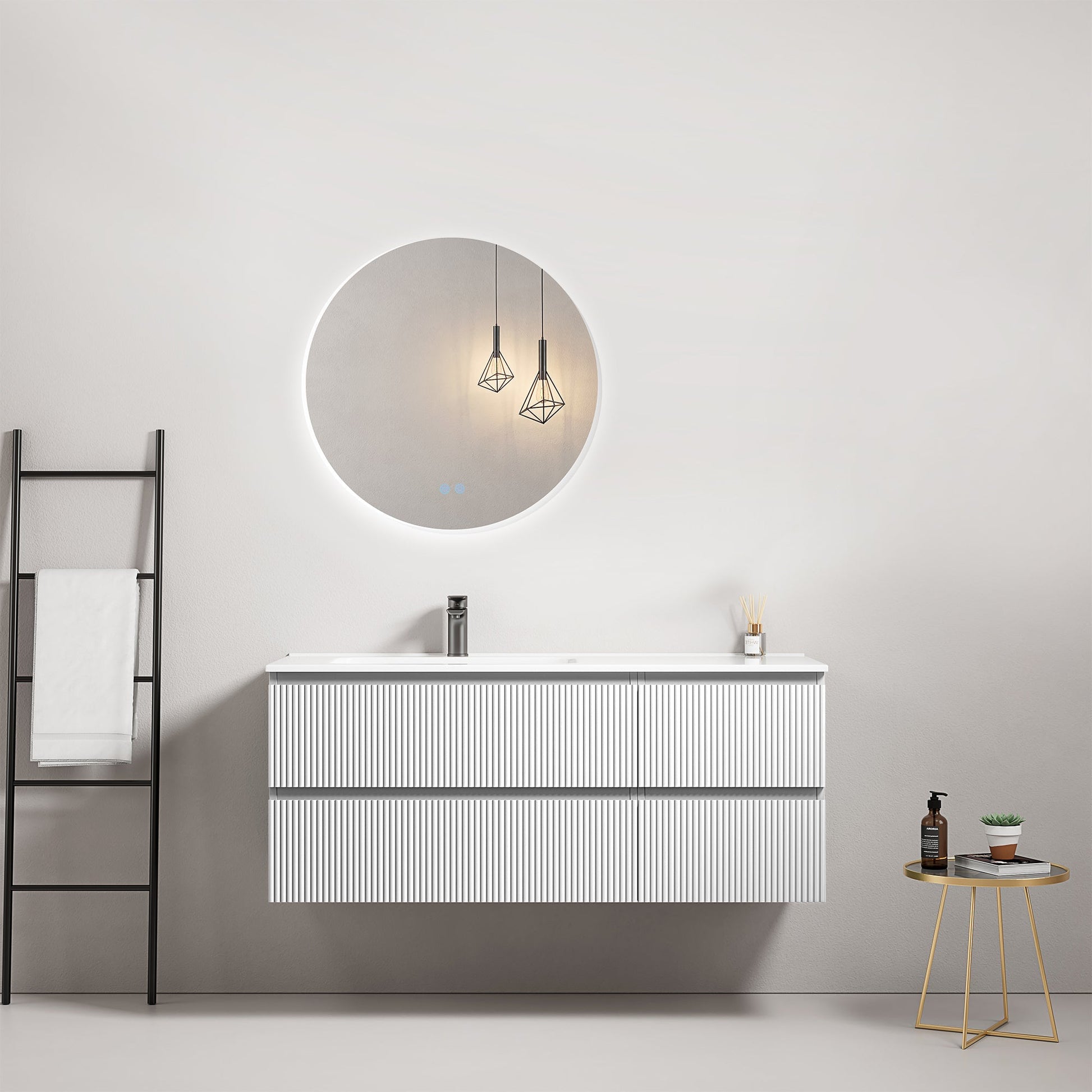 Mobile bagno sospeso cannettato 120 cm Bianco Lavabo a Sinistra in Ceramica Specchio Tondo Retroilluminato - Fiji Paint.