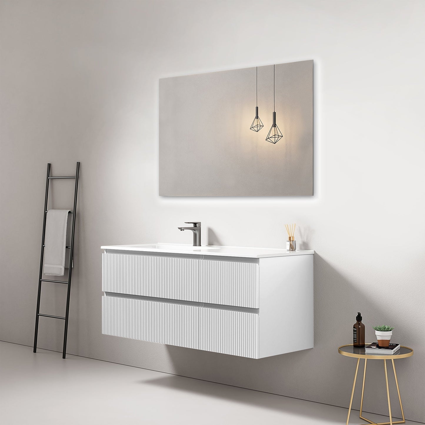 Mobile bagno sospeso cannettato 120 cm Bianco Lavabo a Sinistra in Ceramica Specchio Quadro - Fiji Paint