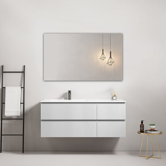 Mobile bagno sospeso cannettato 120 cm Bianco Lavabo a Sinistra in Ceramica Specchio Quadro - Fiji Paint