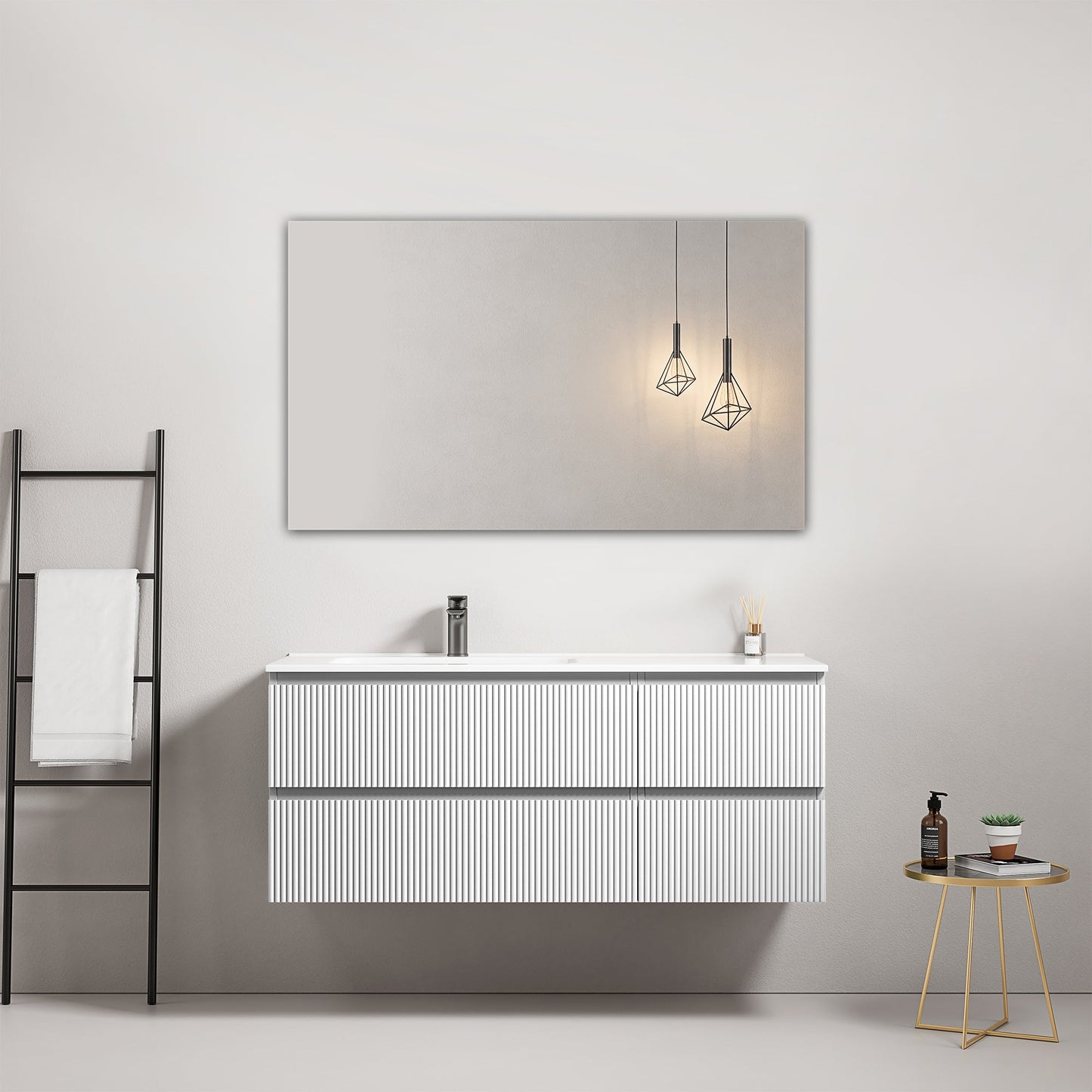 Mobile bagno sospeso cannettato 120 cm Bianco Lavabo a Sinistra in Ceramica Specchio Quadro - Fiji Paint