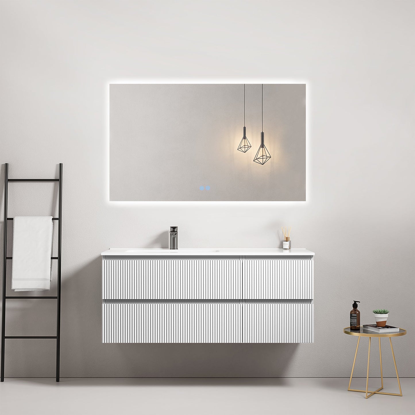 Mobile bagno sospeso cannettato 120 cm Bianco Lavabo a Sinistra in Ceramica Specchio Quadro Retroilluminato - Fiji Paint