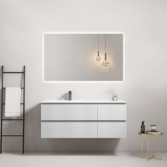 Mobile bagno sospeso cannettato 120 cm Bianco Lavabo a Sinistra in Ceramica Specchio Quadro Retroilluminato - Fiji Paint