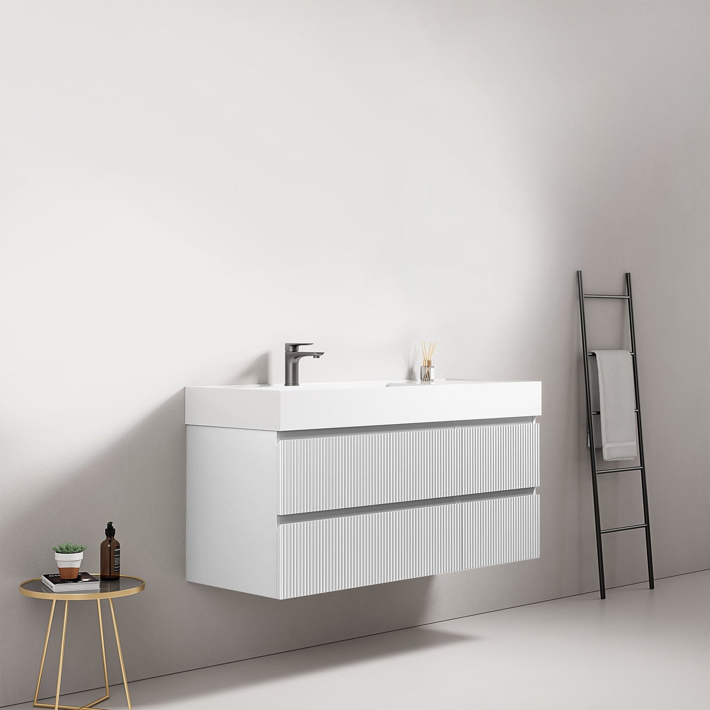 Mobile bagno sospeso cannettato 120 cm Bianco Lavabo a Sinistra in Resina Senza Specchio - Fiji Paint