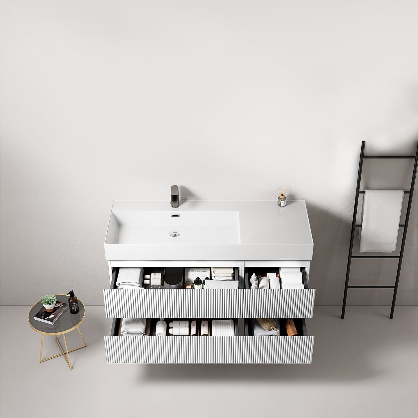 Mobile bagno sospeso cannettato 120 cm Bianco Lavabo a Sinistra in Resina Senza Specchio - Fiji Paint