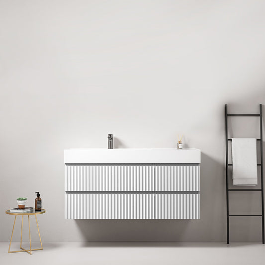 Mobile bagno sospeso cannettato 120 cm Bianco Lavabo a Sinistra in Resina Senza Specchio - Fiji Paint