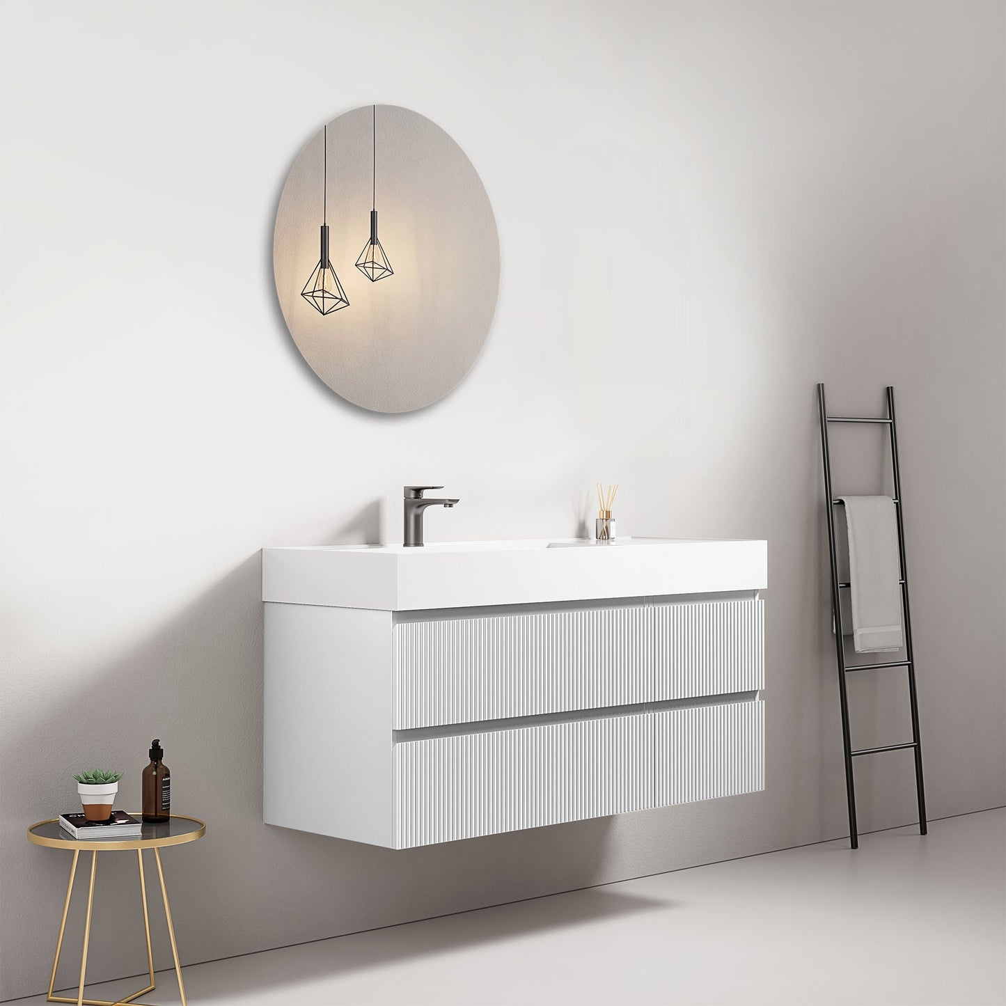 Mobile bagno sospeso cannettato 120 cm Bianco Lavabo a Sinistra in Resina Specchio Tondo - Fiji Paint in un moderno ambiente bagno