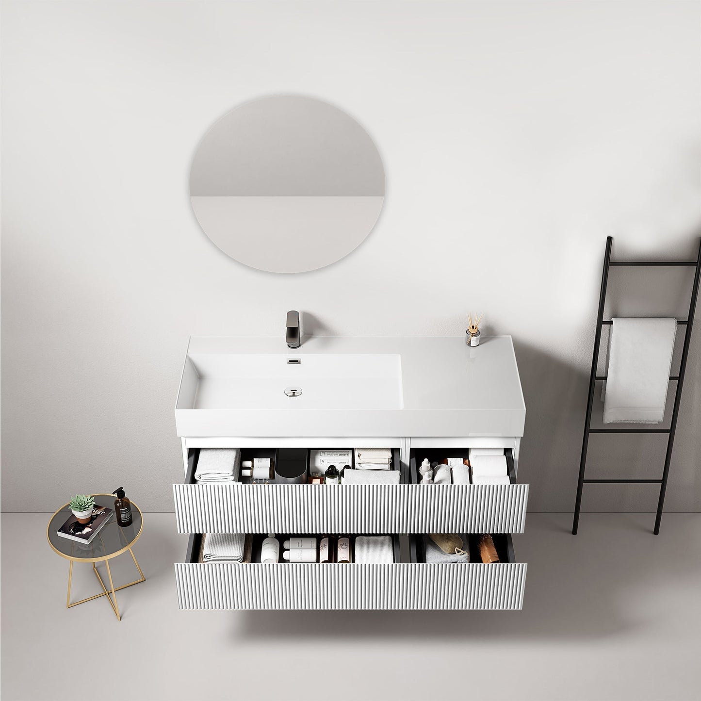 Mobile bagno sospeso cannettato 120 cm Bianco Lavabo a Sinistra in Resina Specchio Tondo - Fiji Paint con ripiani aperti.