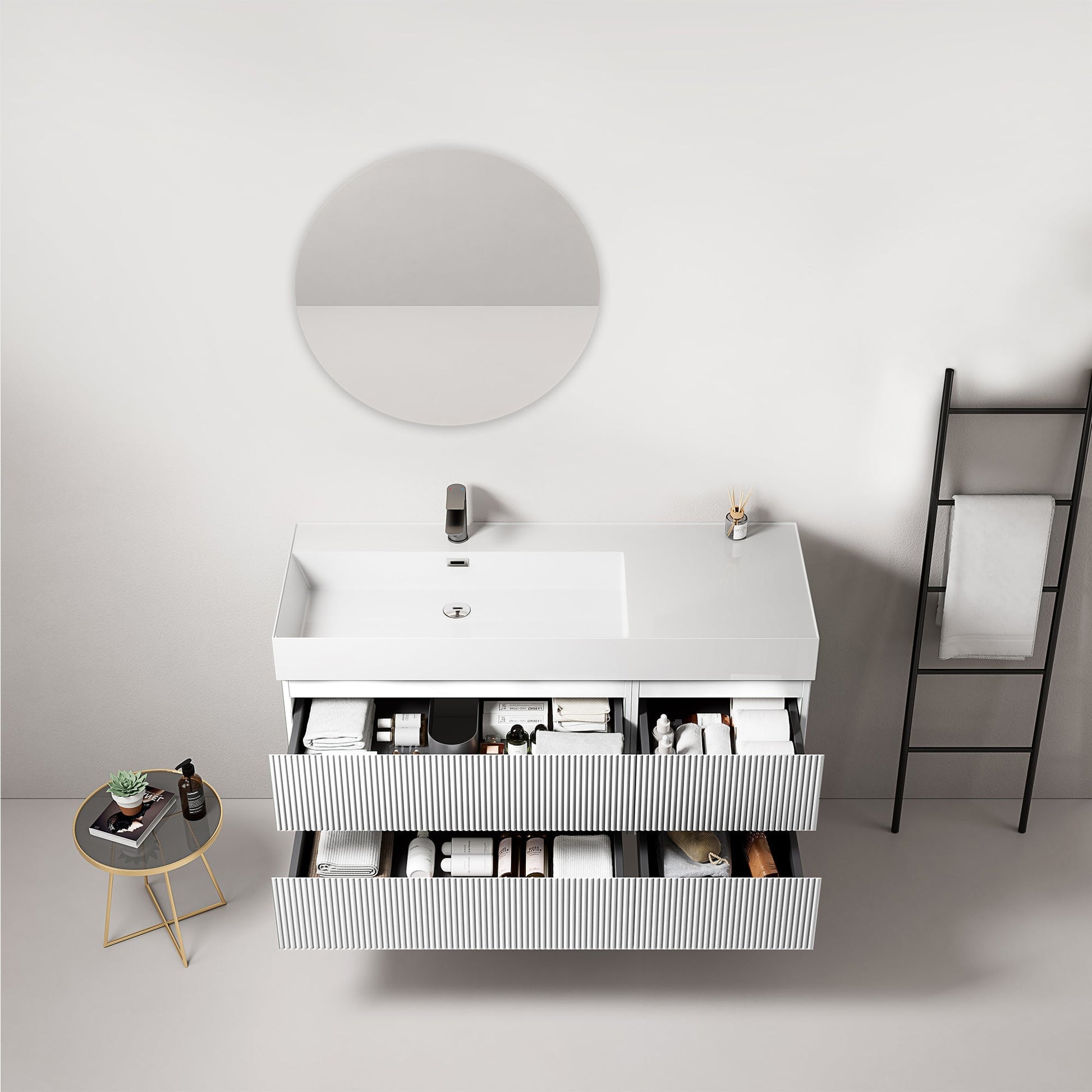 Mobile bagno sospeso cannettato 120 cm Bianco Lavabo a Sinistra in Resina Specchio Tondo - Fiji Paint con ripiani aperti.
