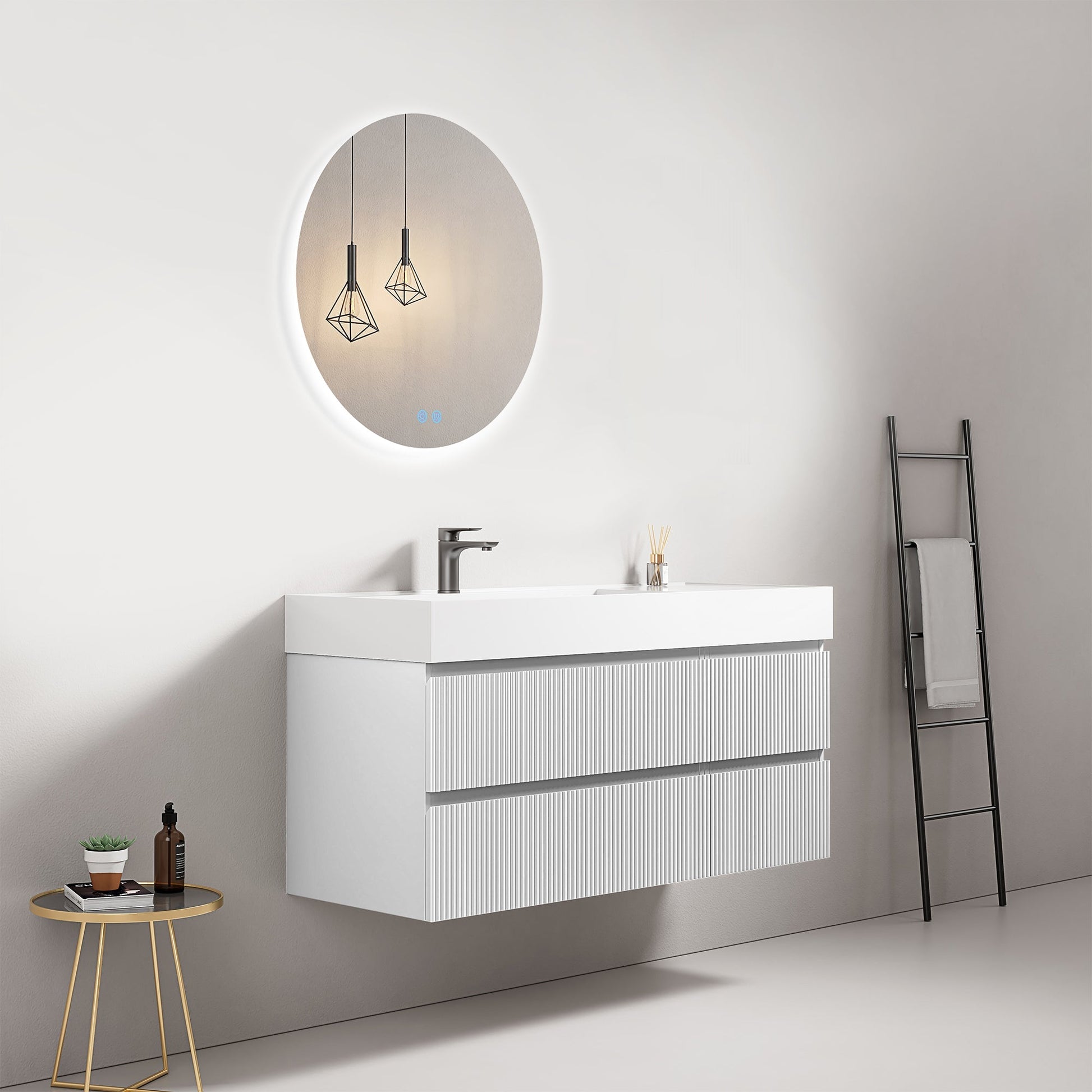 Mobile bagno sospeso cannettato 120 cm Bianco Lavabo a Sinistra in Resina Specchio Tondo Retroilluminato - Fiji Paint