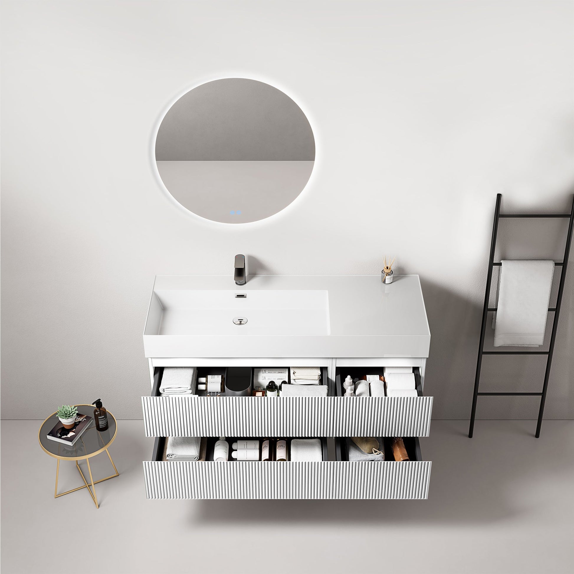 Mobile bagno sospeso cannettato 120 cm Bianco Lavabo a Sinistra in Resina Specchio Tondo Retroilluminato - Fiji Paint.