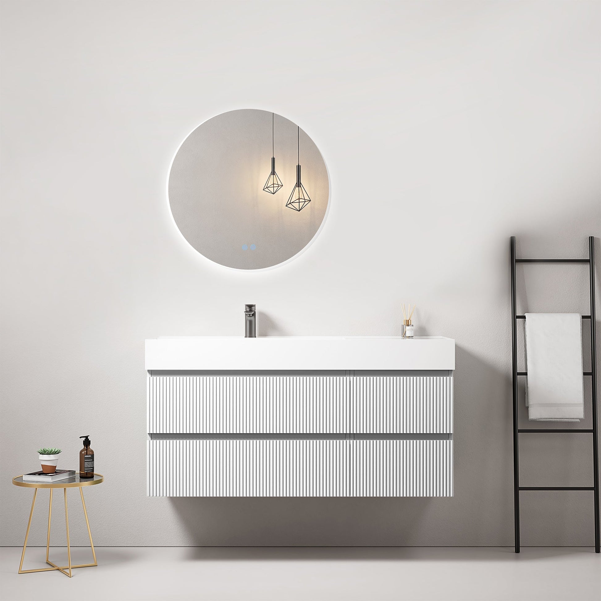 Mobile bagno sospeso cannettato 120 cm Bianco Lavabo a Sinistra in Resina Specchio Tondo Retroilluminato - Fiji Paint