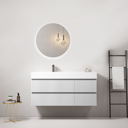 Mobile bagno sospeso cannettato 120 cm Bianco Lavabo a Sinistra in Resina Specchio Tondo Retroilluminato - Fiji Paint