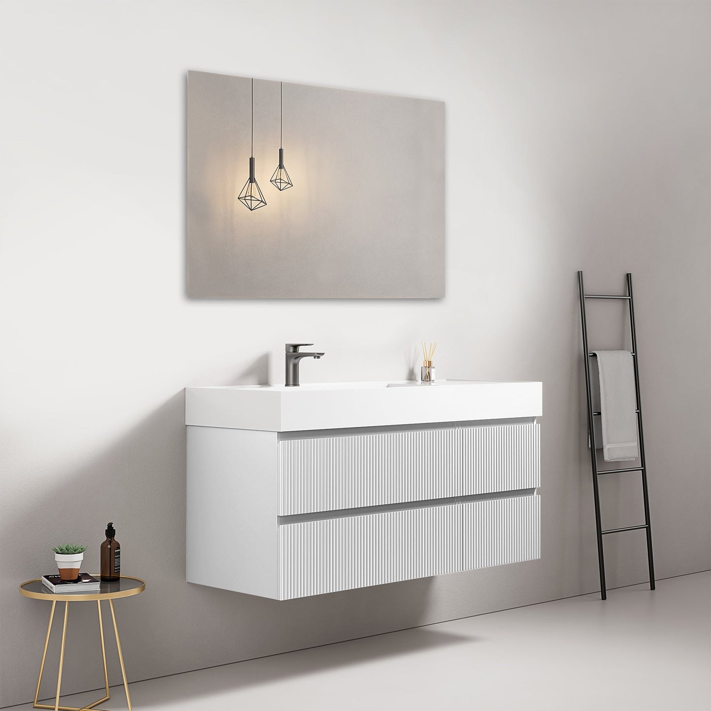Mobile bagno sospeso cannettato 120 cm Bianco Lavabo a Sinistra in Resina Specchio Quadro - Fiji Paint