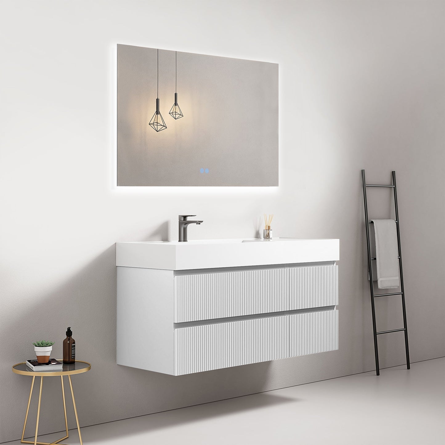 Mobile bagno sospeso cannettato 120 cm Bianco Lavabo a Sinistra in Resina Specchio Quadro Retroilluminato - Fiji Paint