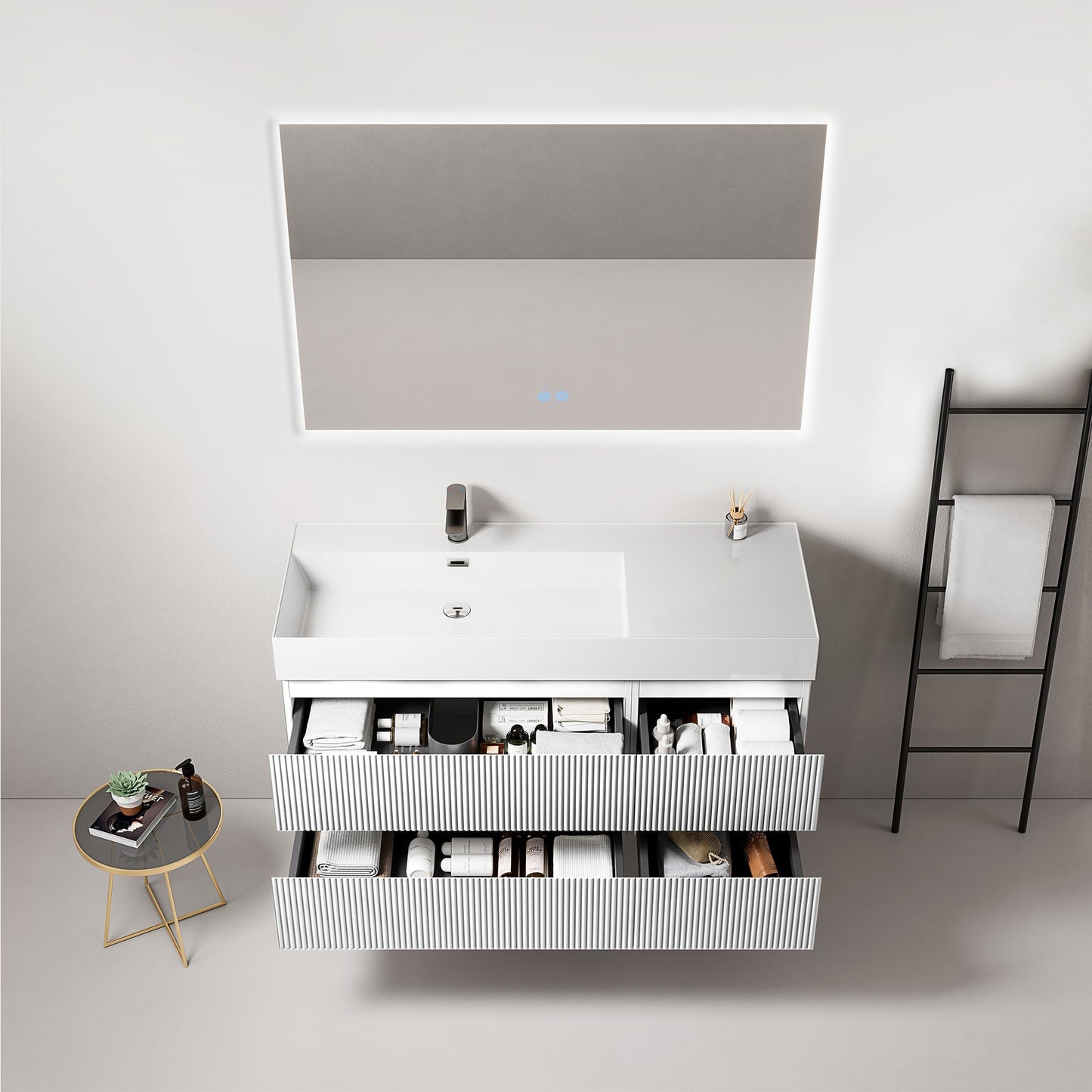 Mobile bagno sospeso cannettato 120 cm Bianco Lavabo a Sinistra in Resina Specchio Quadro Retroilluminato - Fiji Paint