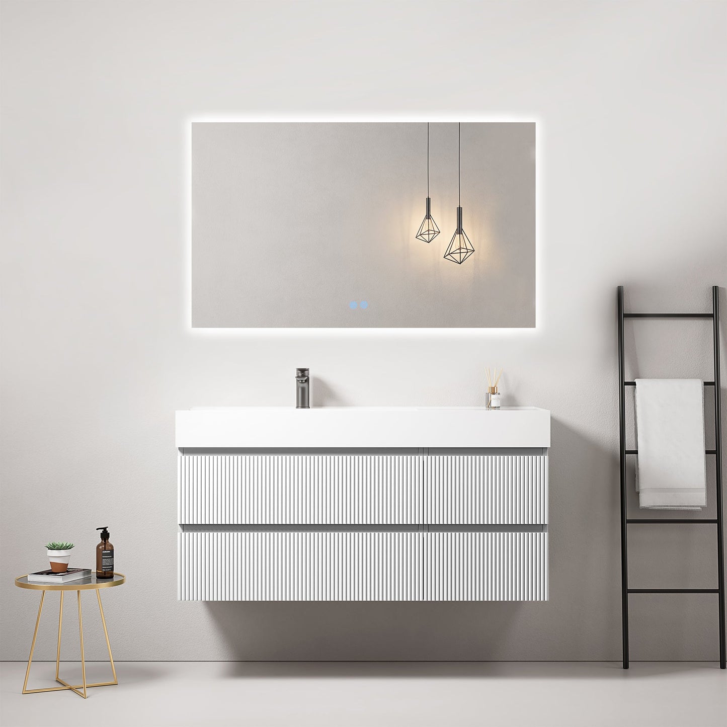 Mobile bagno sospeso cannettato 120 cm Bianco Lavabo a Sinistra in Resina Specchio Quadro Retroilluminato - Fiji Paint