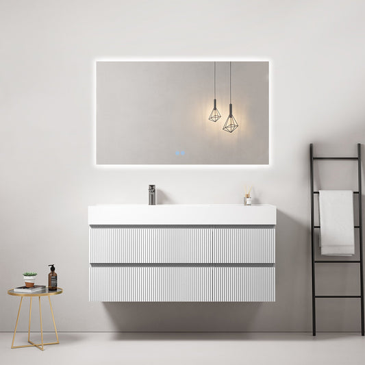 Mobile bagno sospeso cannettato 120 cm Bianco Lavabo a Sinistra in Resina Specchio Quadro Retroilluminato - Fiji Paint