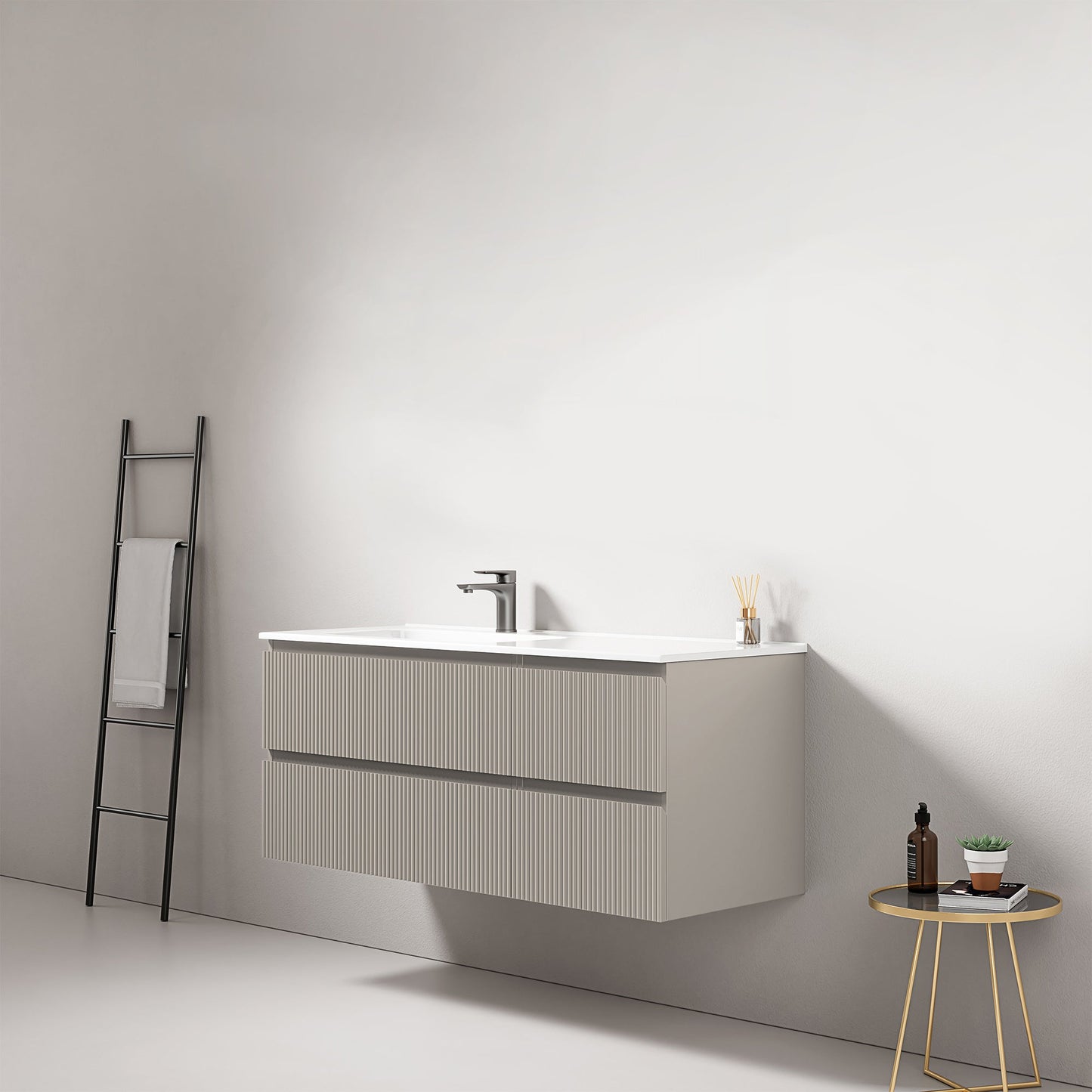 Mobile bagno sospeso cannettato 120 cm Grigio Cenere Lavabo a Sinistra in Ceramica Senza Specchio - Fiji Paint