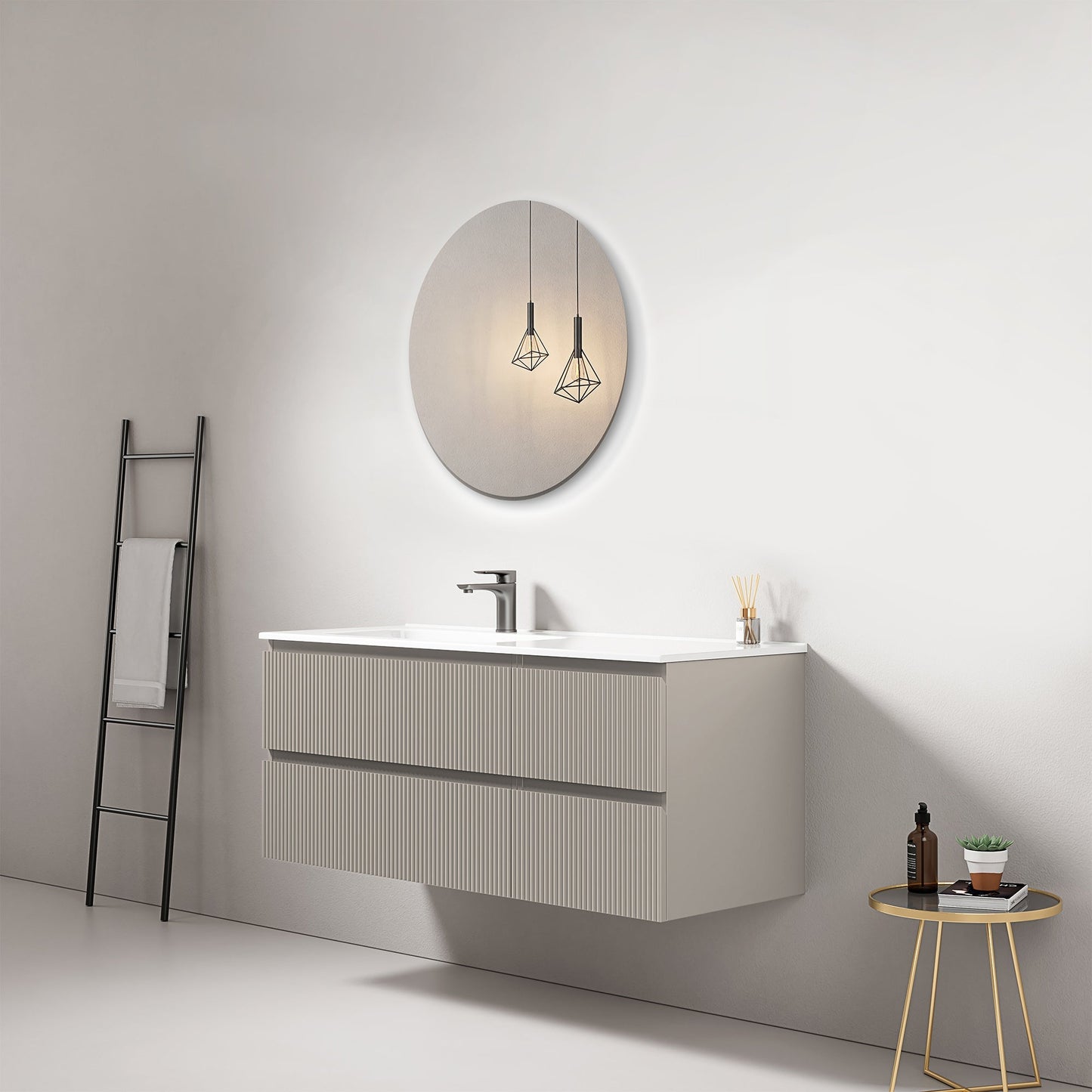 Mobile bagno sospeso cannettato 120 cm Grigio Cenere Lavabo a Sinistra in Ceramica Specchio Tondo - Fiji Paint