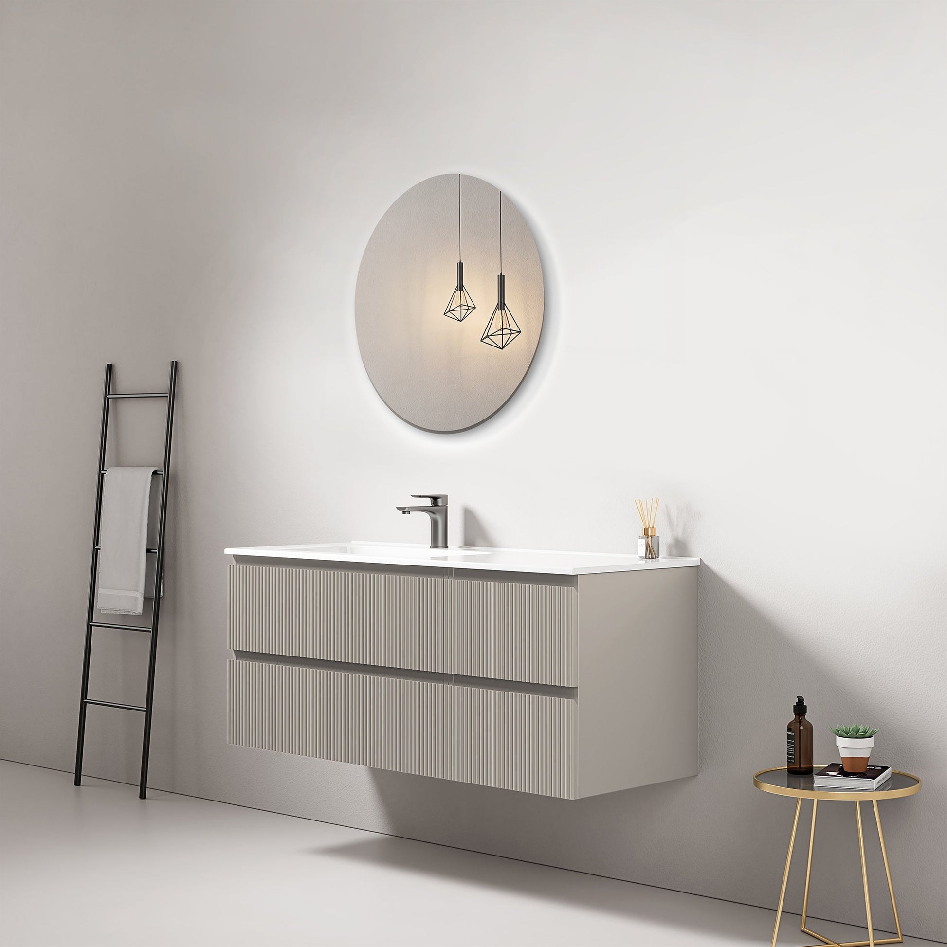 Mobile bagno sospeso cannettato 120 cm Grigio Cenere Lavabo a Sinistra in Ceramica Specchio Tondo - Fiji Paint