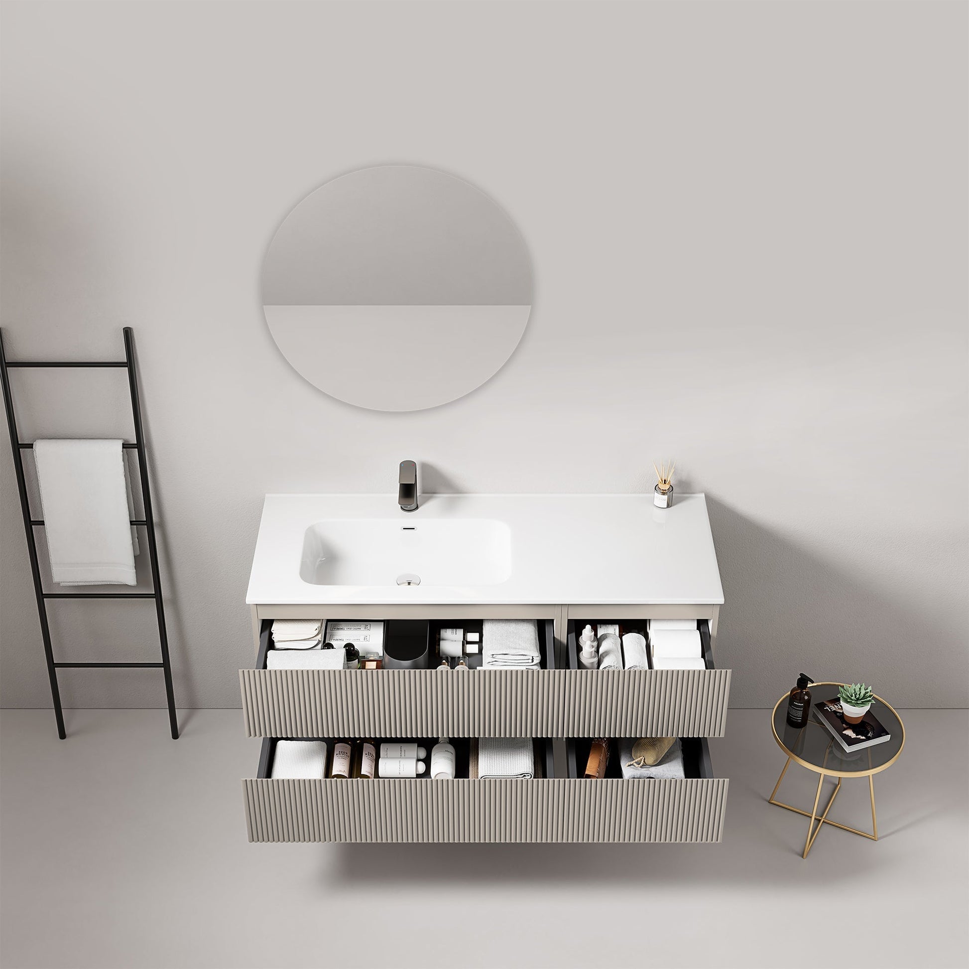 Mobile bagno sospeso cannettato 120 cm Grigio Cenere Lavabo a Sinistra in Ceramica Specchio Tondo - Fiji Paint