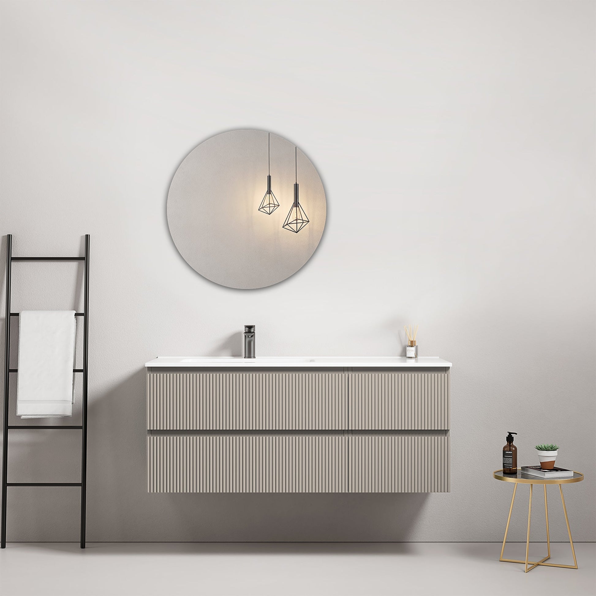 Mobile bagno sospeso cannettato 120 cm Grigio Cenere Lavabo a Sinistra in Ceramica Specchio Tondo - Fiji Paint