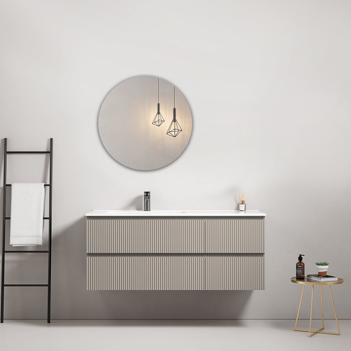 Mobile bagno sospeso cannettato 120 cm Grigio Cenere Lavabo a Sinistra in Ceramica Specchio Tondo - Fiji Paint