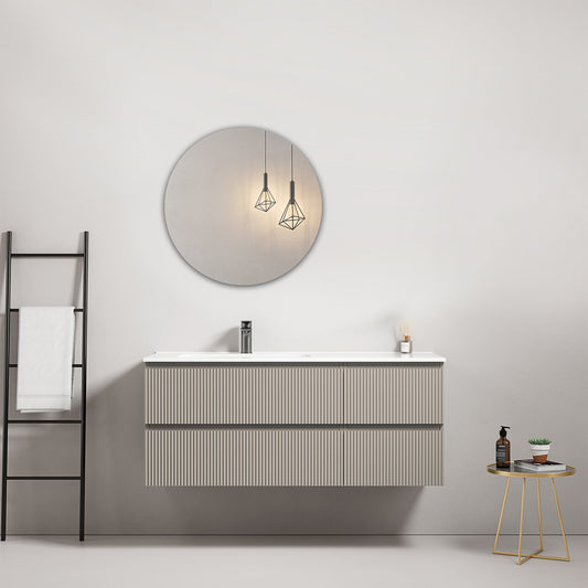 Mobile bagno sospeso cannettato 120 cm Grigio Cenere Lavabo a Sinistra in Ceramica Specchio Tondo - Fiji Paint