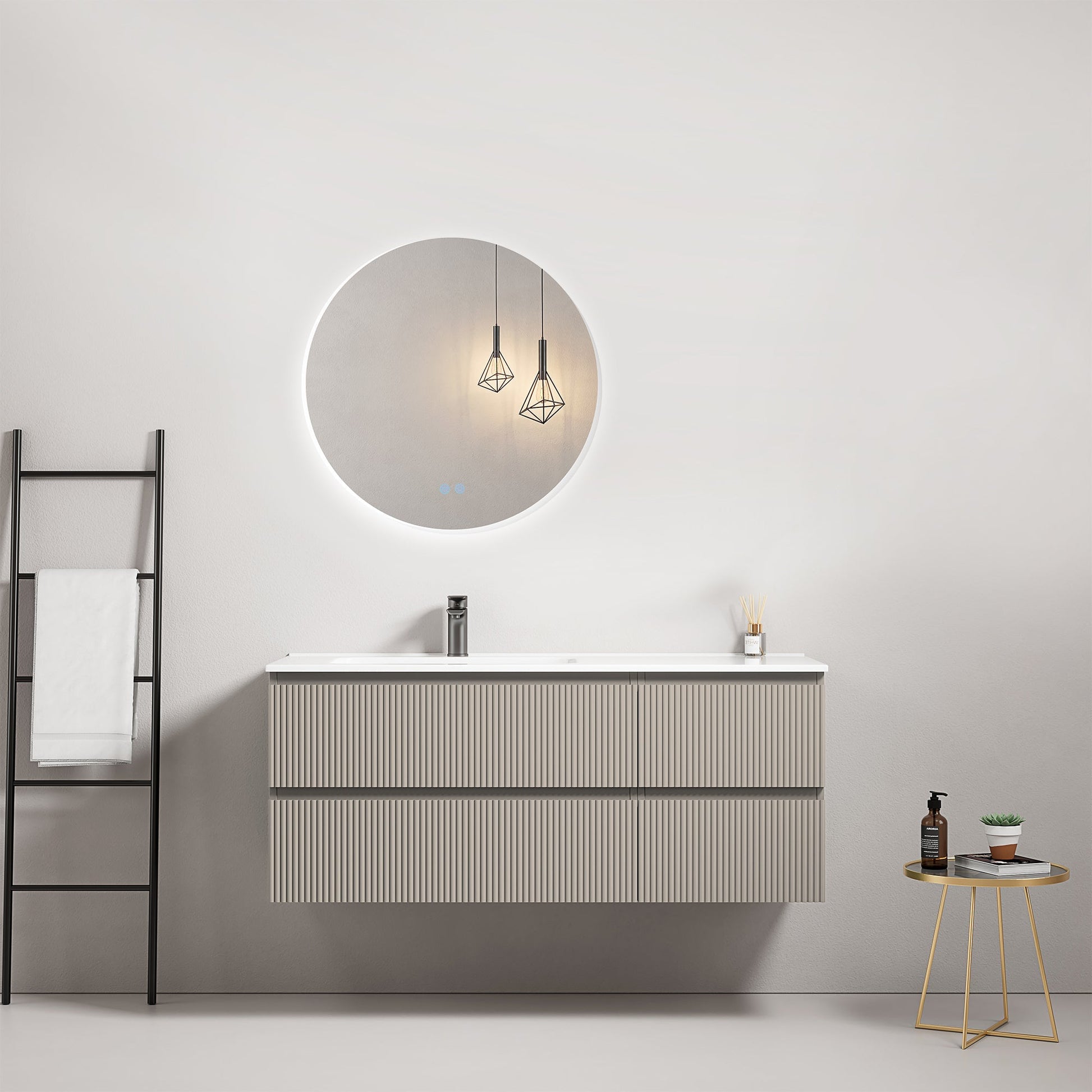 Mobile bagno sospeso cannettato 120 cm Grigio Cenere Lavabo a Sinistra in Ceramica Specchio Tondo Retroilluminato - Fiji Paint