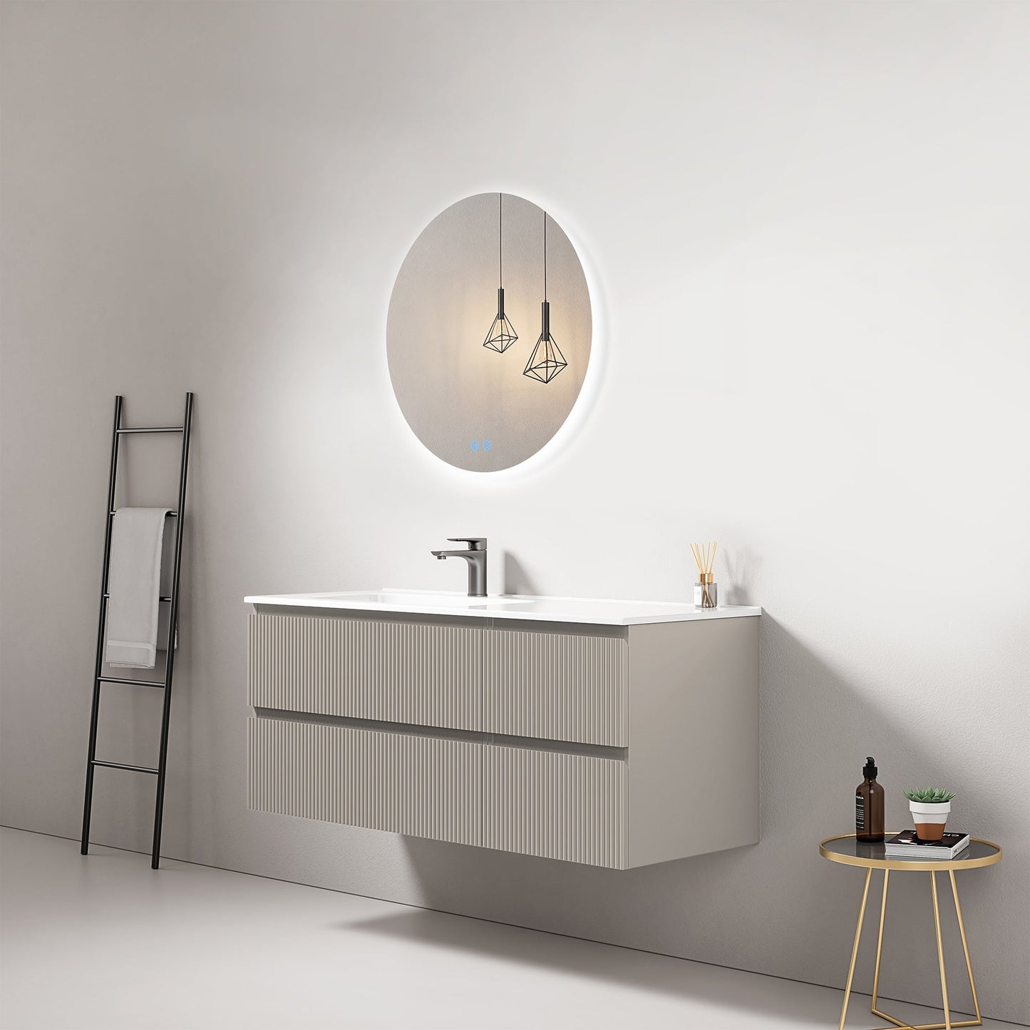 Mobile bagno sospeso cannettato 120 cm Grigio Cenere Lavabo a Sinistra in Ceramica Specchio Tondo Retroilluminato - Fiji Paint.