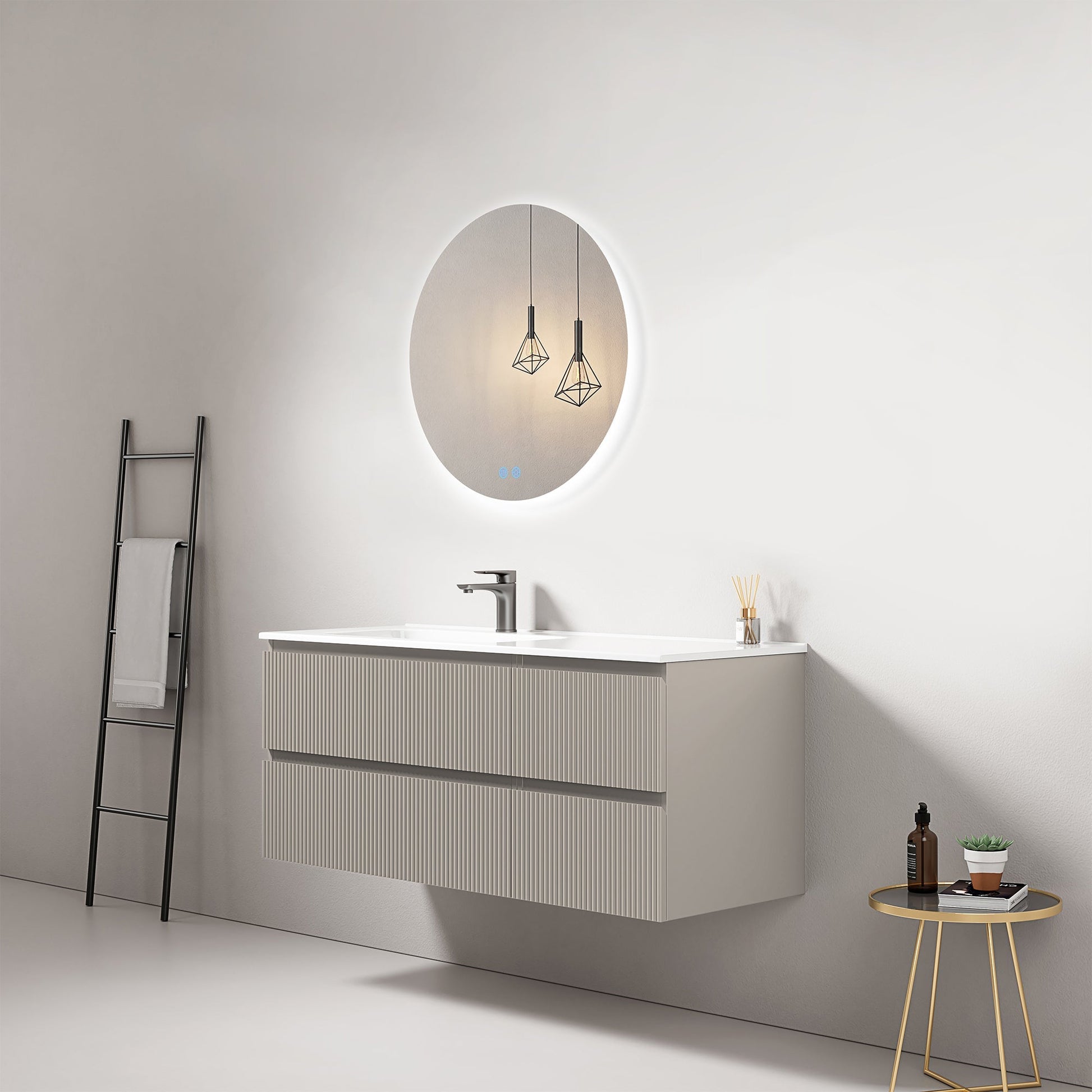 Mobile bagno sospeso cannettato 120 cm Grigio Cenere Lavabo a Sinistra in Ceramica Specchio Tondo Retroilluminato - Fiji Paint.