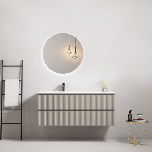 Mobile bagno sospeso cannettato 120 cm Grigio Cenere Lavabo a Sinistra in Ceramica Specchio Tondo Retroilluminato - Fiji Paint