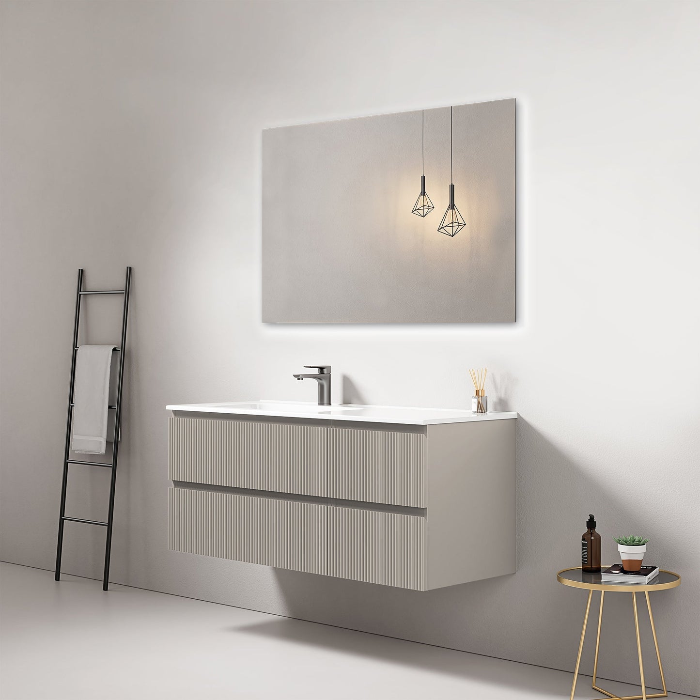 Mobile bagno sospeso cannettato 120 cm Grigio Cenere Lavabo a Sinistra in Ceramica Specchio Quadro - Fiji Paint