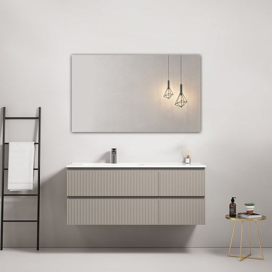 Mobile bagno sospeso cannettato 120 cm Grigio Cenere Lavabo a Sinistra in Ceramica Specchio Quadro - Fiji Paint