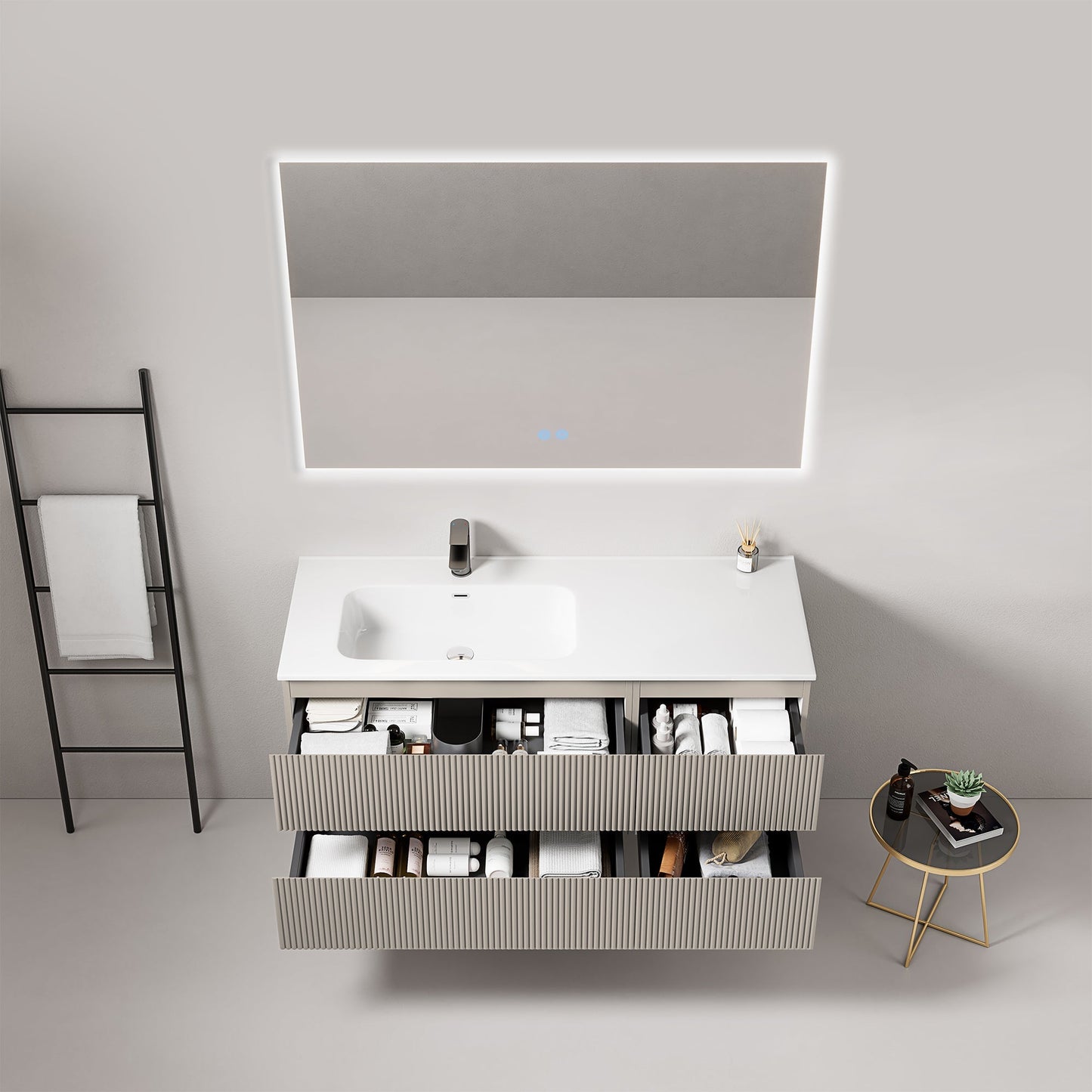 Mobile bagno sospeso cannettato 120 cm Grigio Cenere Lavabo a Sinistra in Ceramica Specchio Quadro Retroilluminato - Fiji Paint