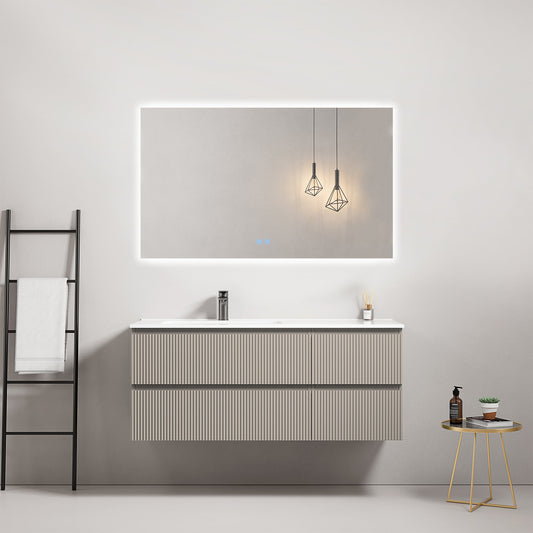 Mobile bagno sospeso cannettato 120 cm Grigio Cenere Lavabo a Sinistra in Ceramica Specchio Quadro Retroilluminato - Fiji Paint