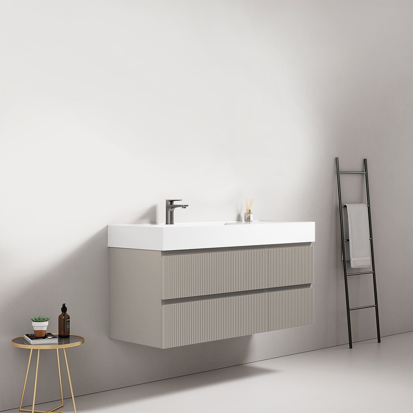 Mobile bagno sospeso cannettato 120 cm Grigio Cenere Lavabo a Sinistra in Resina Senza Specchio - Fiji Paint