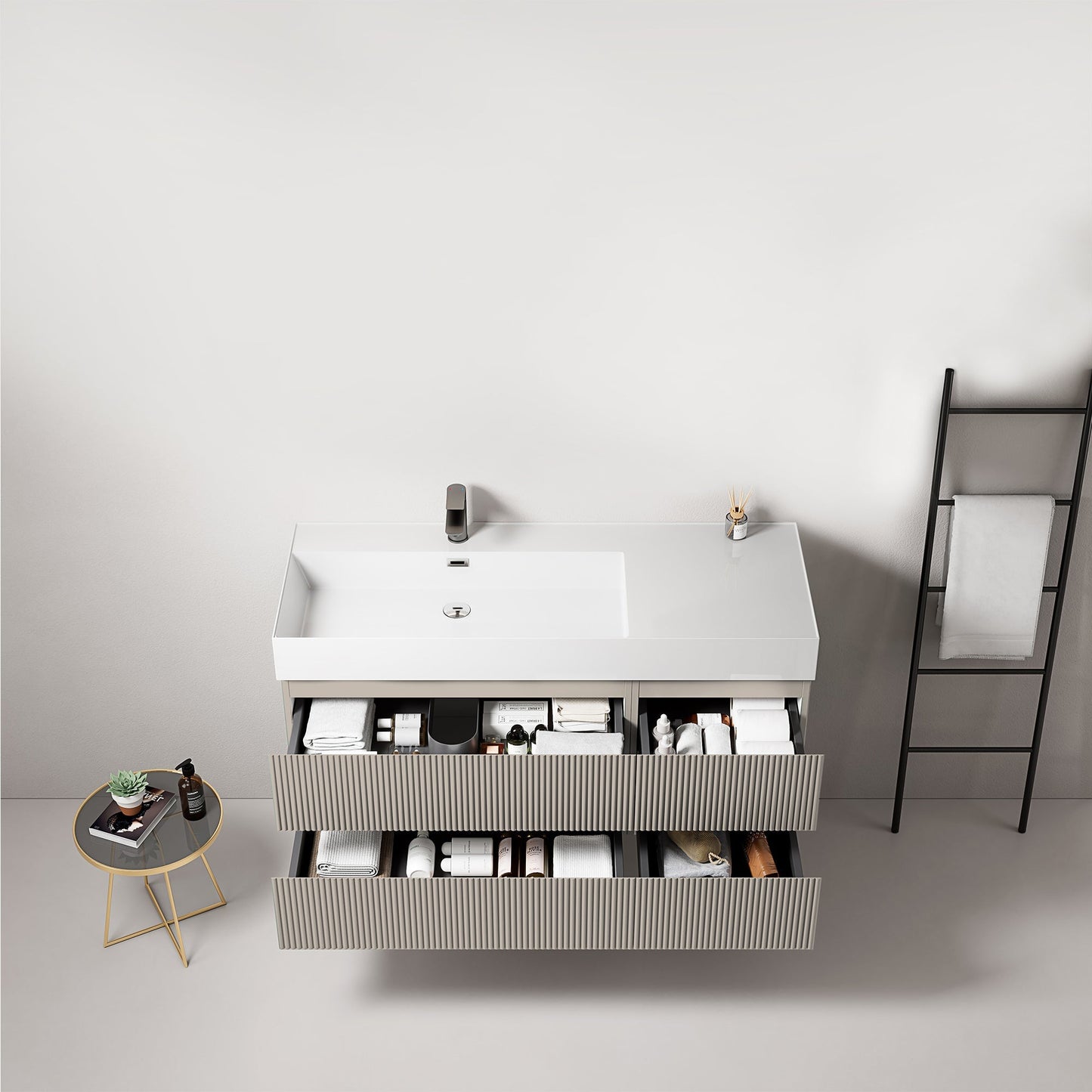 Mobile bagno sospeso cannettato 120 cm Grigio Cenere Lavabo a Sinistra in Resina Senza Specchio - Fiji Paint