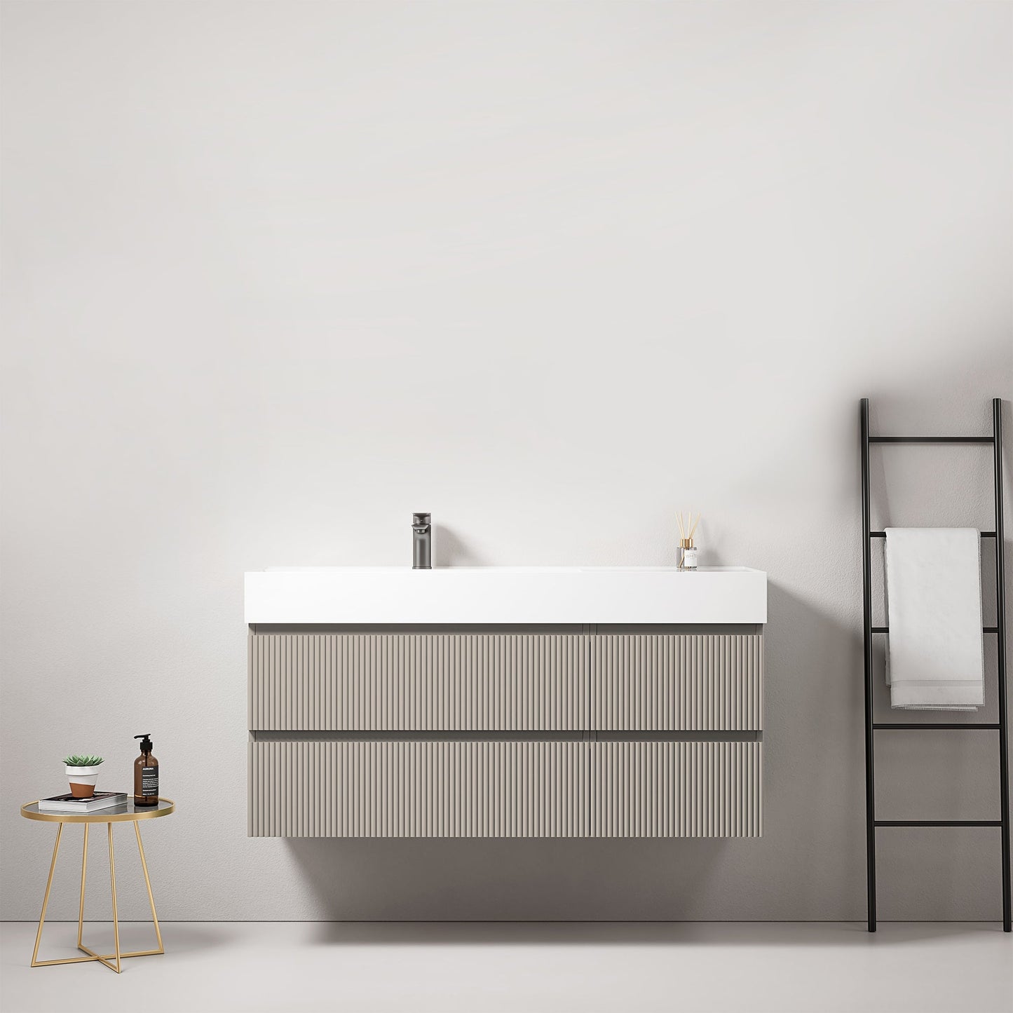Mobile bagno sospeso cannettato 120 cm Grigio Cenere Lavabo a Sinistra in Resina Senza Specchio - Fiji Paint