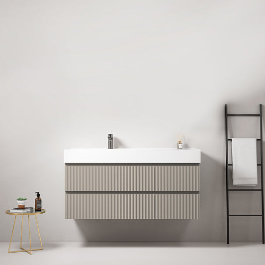 Mobile bagno sospeso cannettato 120 cm Grigio Cenere Lavabo a Sinistra in Resina Senza Specchio - Fiji Paint